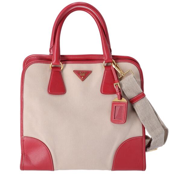 PRADA Triangle Logo Tote Bag BN2254 Tan Red Canvas Leather - Picture 1 of 11